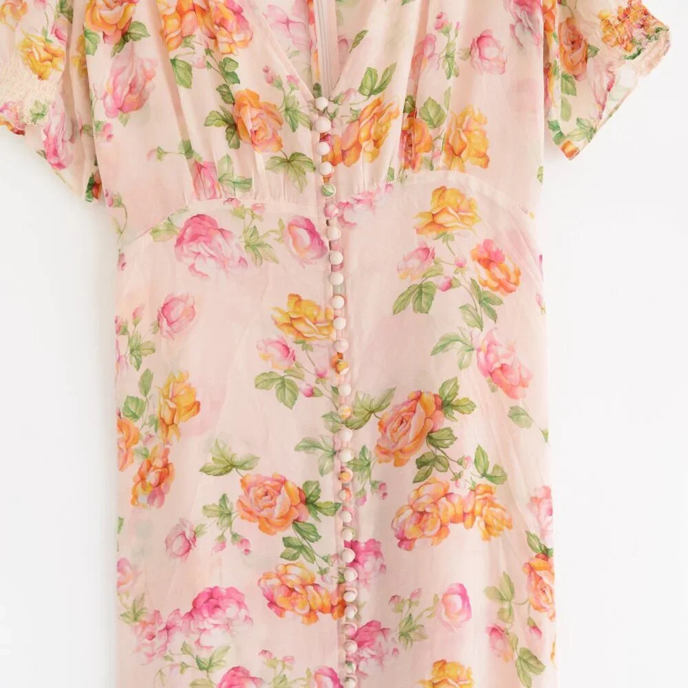Kooples Antique Pink Floral 100% Silk Puff Sleeve Button Down Slip Midi Dress - Picture 6 of 14